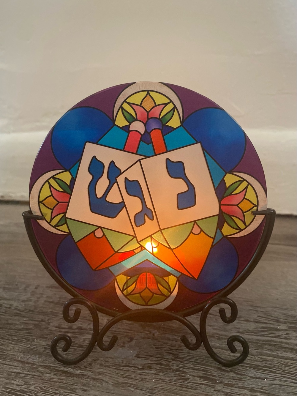 Dreidel Stained Glass Tea Light Holder Hanukkah Decor, Joan Baker Designs